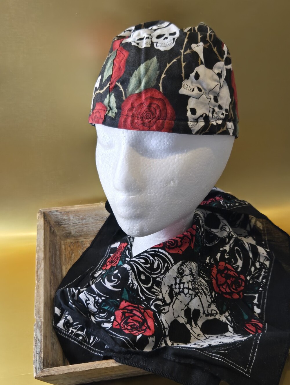 No-Knots Skull & Rose Scrub Cap & Matching Bandana Set Size L/XL USA Made